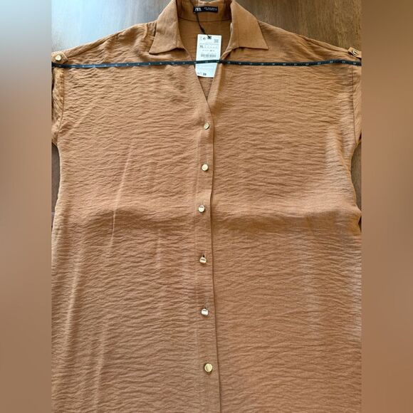 ZARA Textured Maxi Shirt Dress Belted Gold Button Light Brown Size XL NWT - Picture 12 of 13